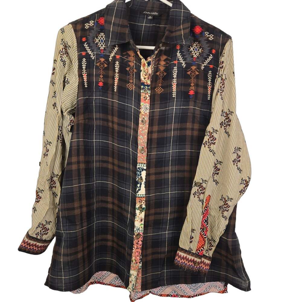 BOHO WESTERN JOHN MARK Women's S Plaid Button Down Shirt Bohemian Embroidered